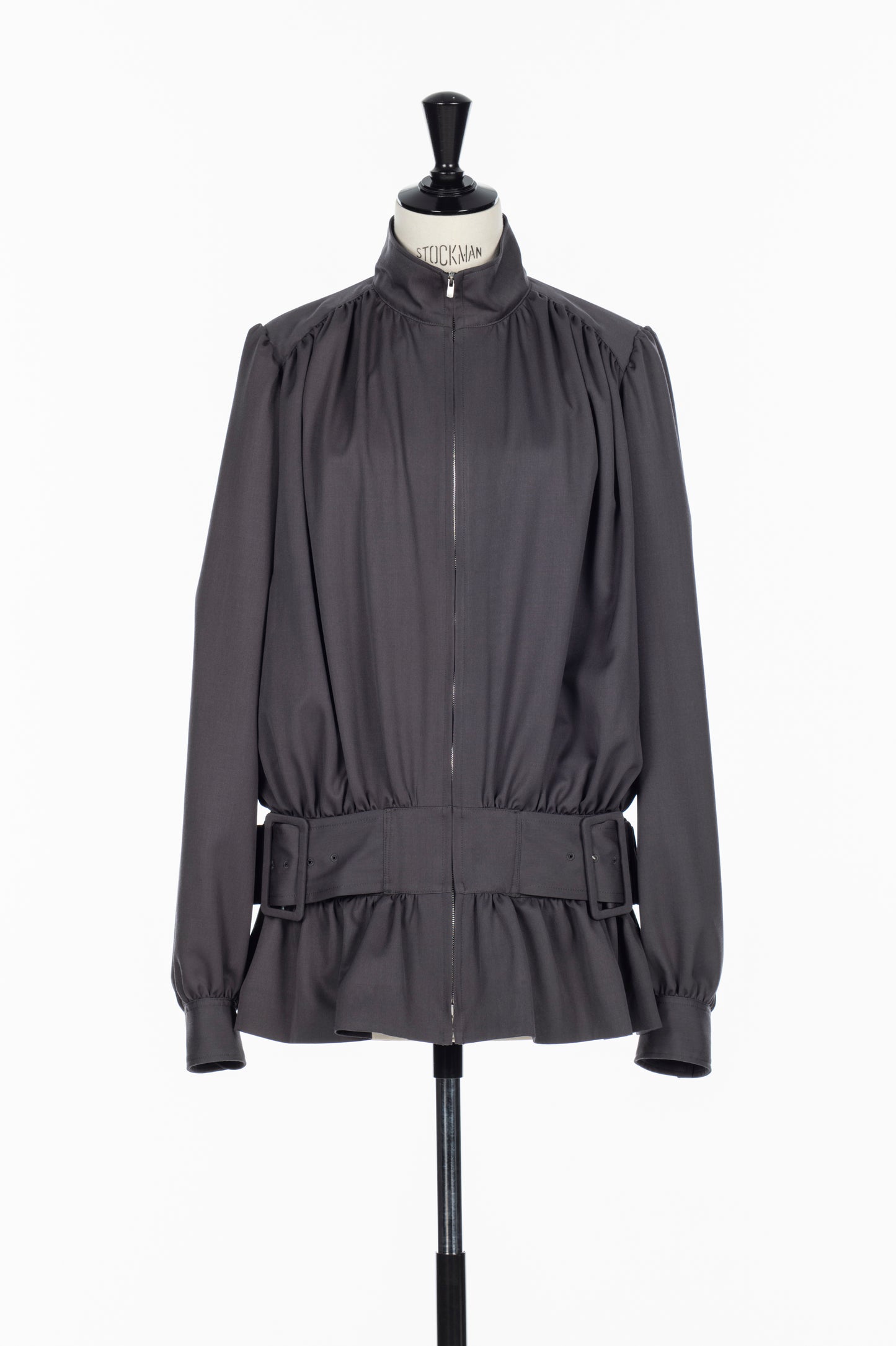 FINE WOOL SUITING GATHERED BELTED BLOUSON