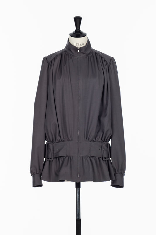 FINE WOOL SUITING GATHERED BELTED BLOUSON