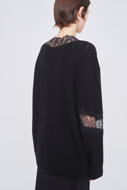 OVERSIZED HAIRY LACE PANELED KNIT CARDIGAN