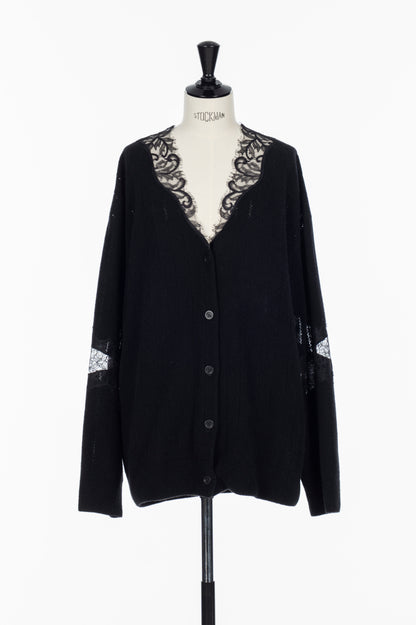 OVERSIZED HAIRY LACE PANELED KNIT CARDIGAN
