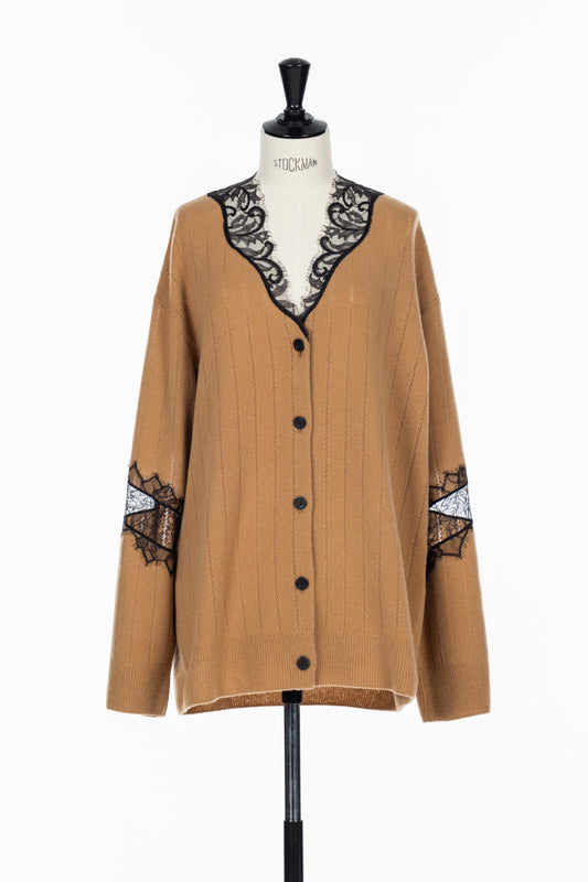 OVERSIZED HAIRY LACE PANELED KNIT CARDIGAN