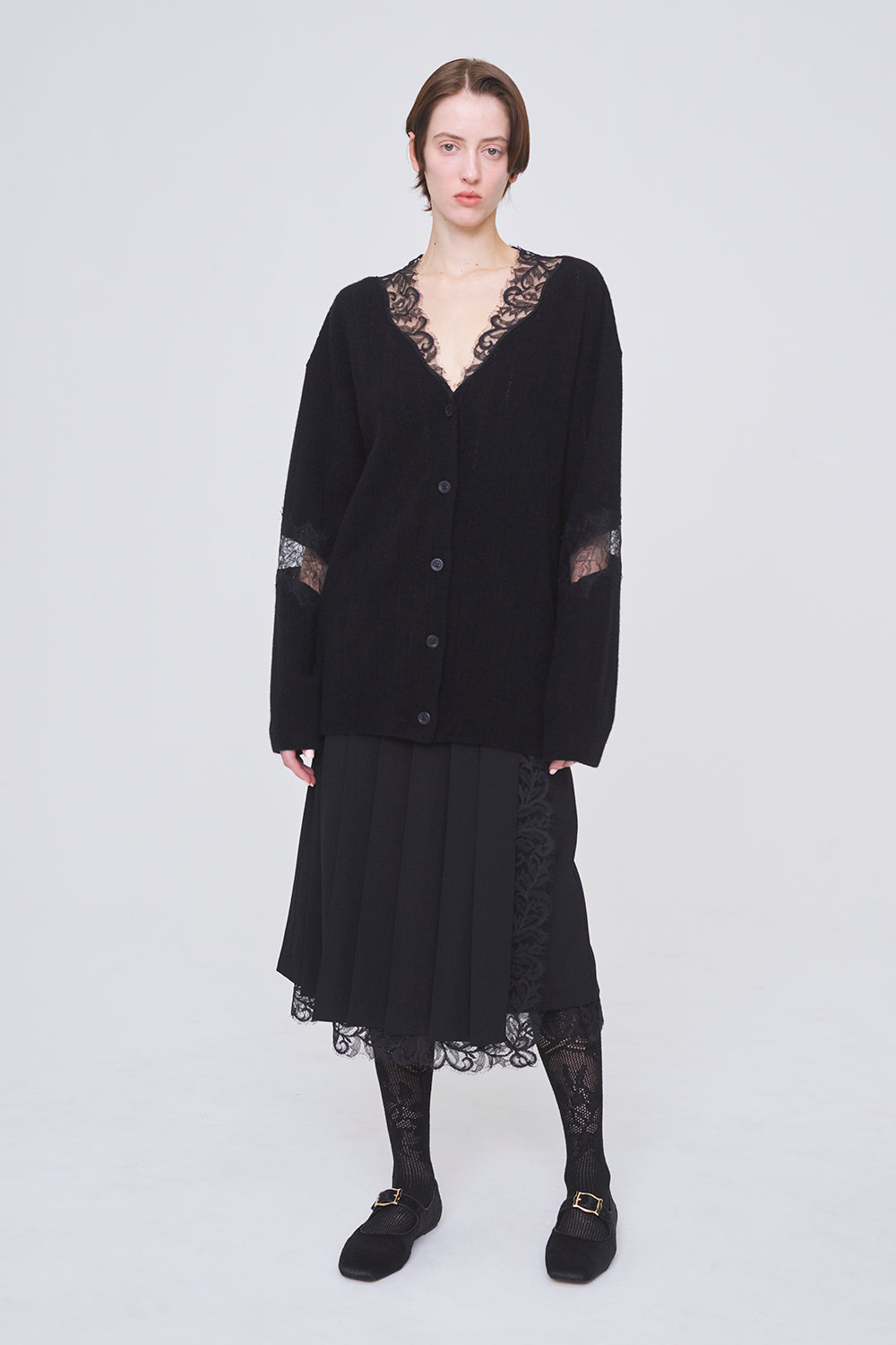 OVERSIZED HAIRY LACE PANELED KNIT CARDIGAN