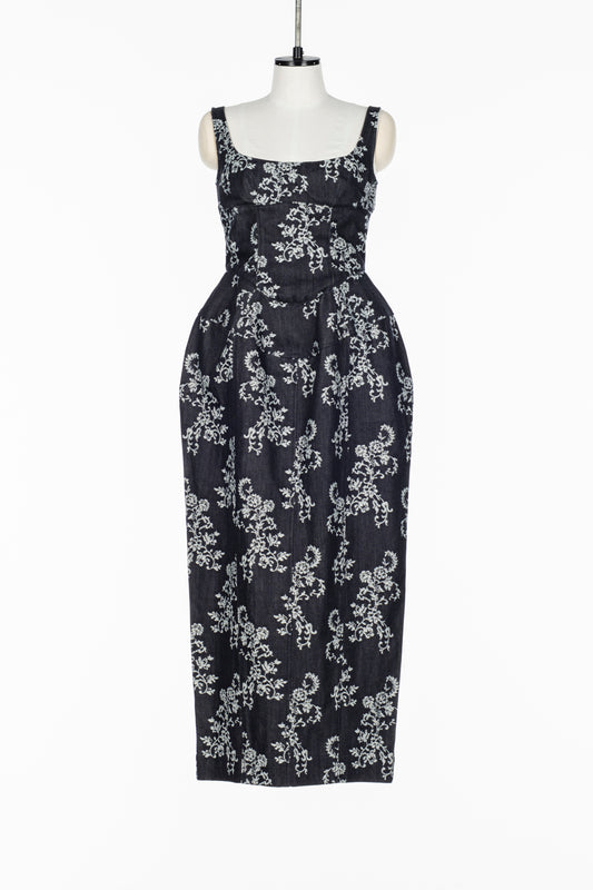LACE-JACQUARD DENIM CURVY DRESS