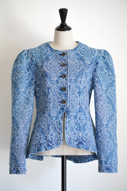 DAMASK-JACQUARD DENIM PEPLUM JACKET