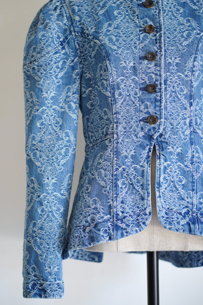 DAMASK-JACQUARD DENIM PEPLUM JACKET