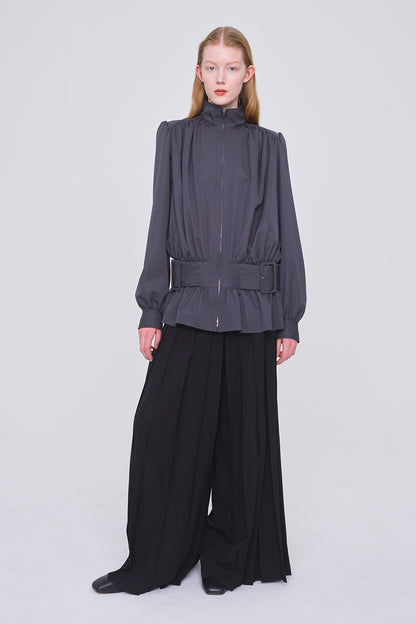 FINE WOOL SUITING GATHERED BELTED BLOUSON