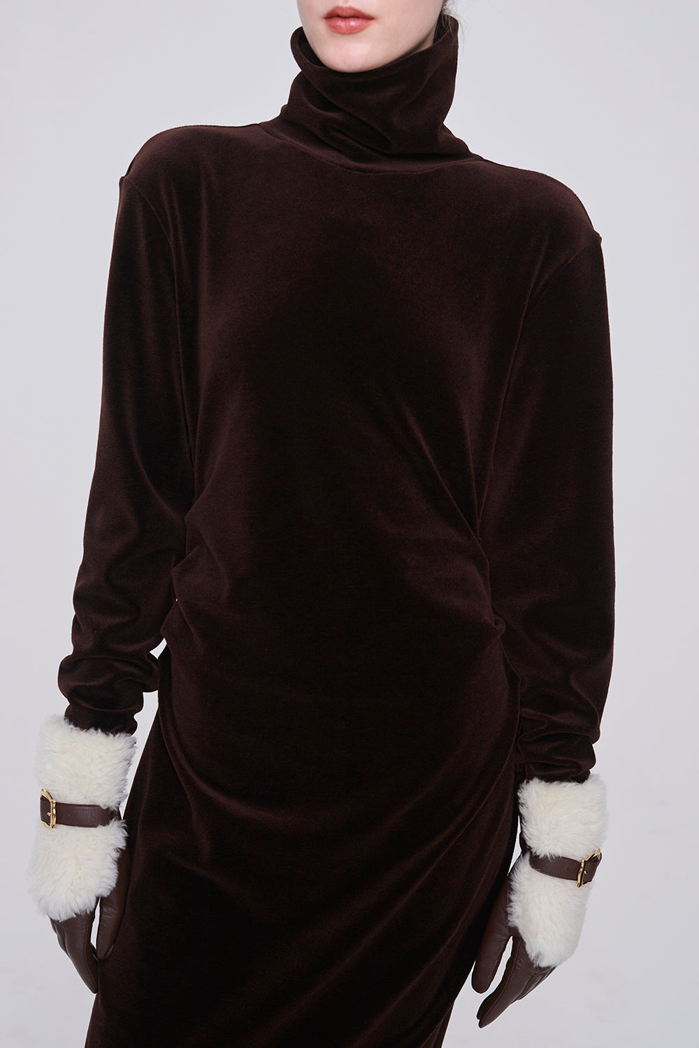 WOOL VELOUR DRAPED FIT DRESS