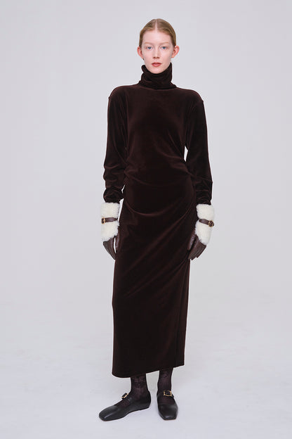 WOOL VELOUR DRAPED FIT DRESS
