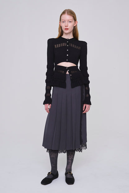 FINE WOOL PLEATED SKIRT WITH LACE TRIM