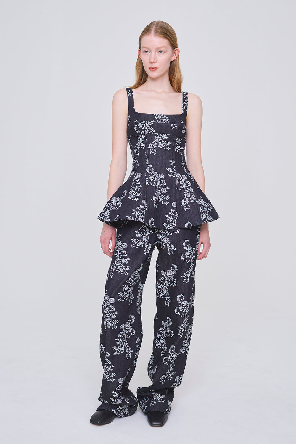 LACE-JACQUARD DENIM STRAIGHT JEANS