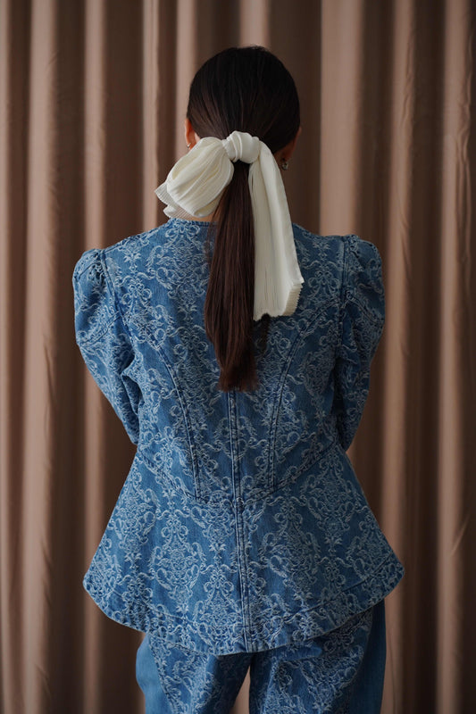 DAMASK-JACQUARD DENIM PEPLUM JACKET