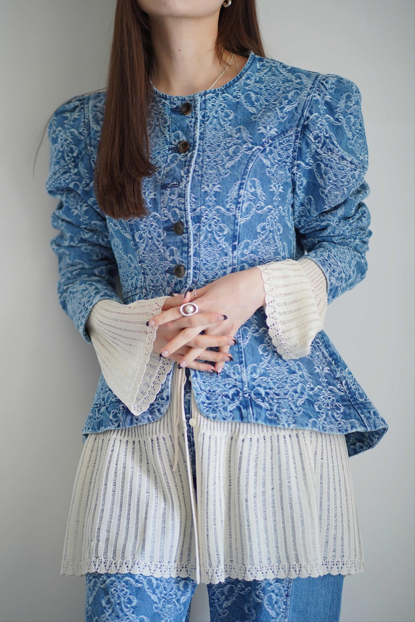 DAMASK-JACQUARD DENIM PEPLUM JACKET
