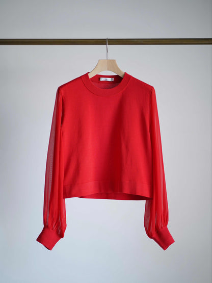 SHEER SLEEVES CREW NECK CROPPED KNIT