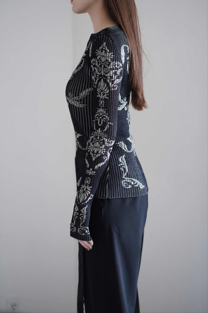 DAMASK PATTERN RIB KNIT TOP
