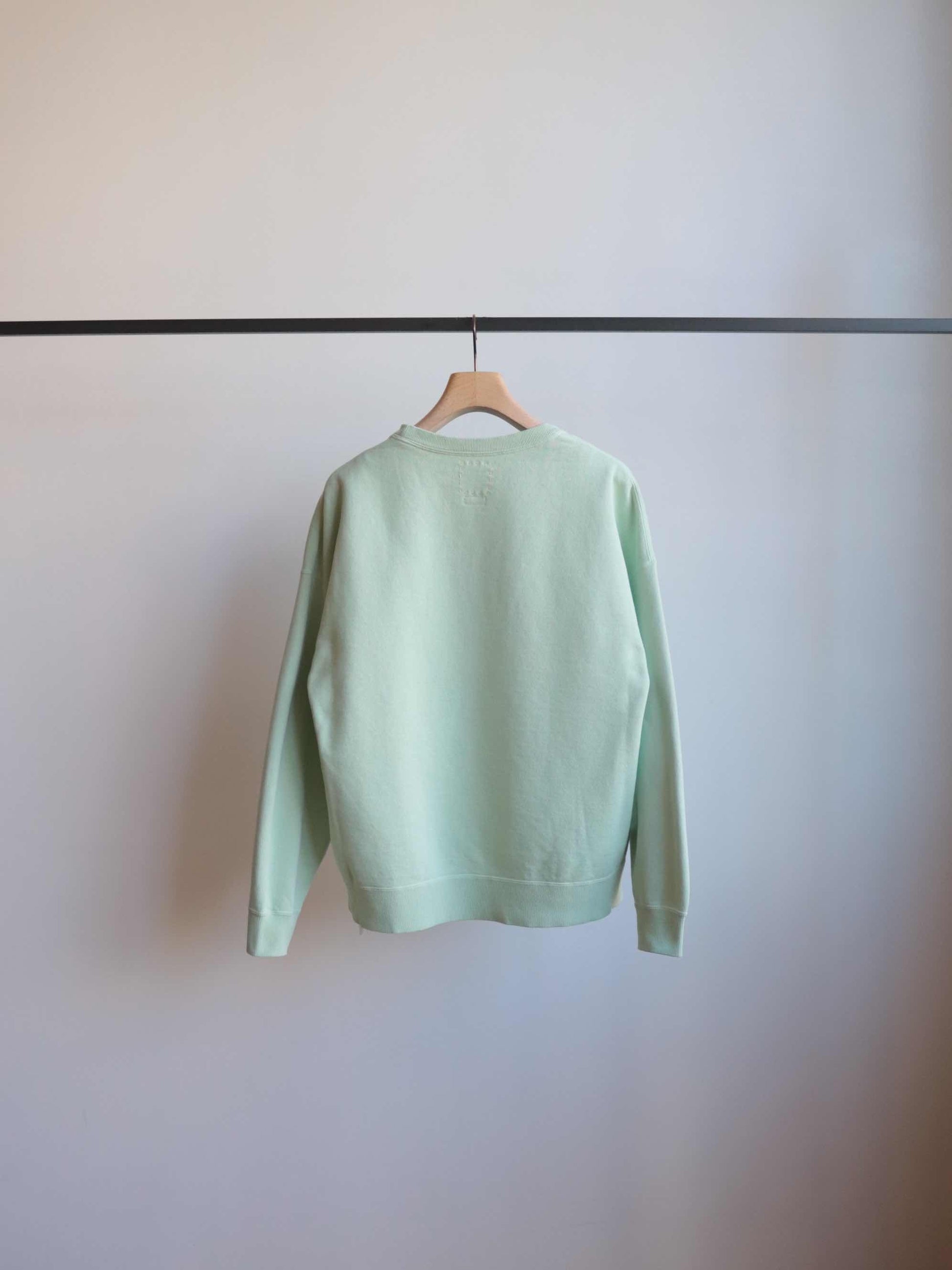 visvimのJUMBO SB SWEAT L/S DMGDのカラーはライトグリーンの背面が写った商品画像です。